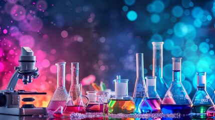 A banner featuring a science laboratory chemistry test showcases a variety of scientific equipment such as a microscope, glass tubes, and chemical beakers. Against a backdrop of colorful liquids