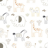 Fototapeta  - Seamless pattern with cartoon animals, decor elements. colorful vector for kids. hand drawing, flat style. baby design for fabric, print, textile, wrapper