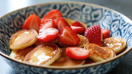 Sticker - Celebrate World Food Day with a delightful dish of mini pancakes drenched in maple syrup known as Dutch mini pancakes and topped with fresh strawberries These tiny treats often enjoyed by ki