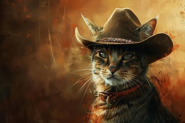 Wall Mural - adorable cat sporting a stylish cowboy hat charming animal portrait digital painting