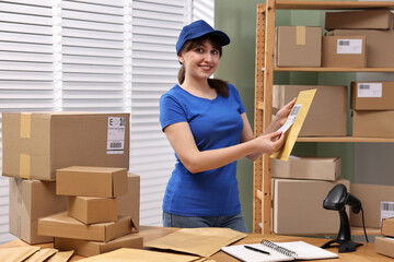 Sticker - Parcel packing. Post office worker sticking barcode on bag at wooden table indoors