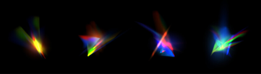 Leinwandbilder - Rainbow light rays, lens flare, reflection effect from crystal, glass or gem. Vector realistic illustration set of light leak effect with spectrum glare, prism refraction, lens flare	