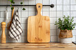 wooden board and kitchen utensils in kitchen