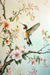Watercolor painting of a hummingbird sitting on a branch of sakura