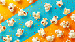 Popcorn pattern on colorful background. Top view, flat lay.