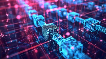 Futuristic digital blockchain network concept with glowing cubes and grid lines