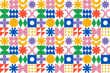 Poster - Colorful Summer Seamless Pattern with Irregular Funny Geometric Shapes. Abstract Vector Trendy Graphic in Cute Retro Style. Design with Simple Modern Patch Elements 