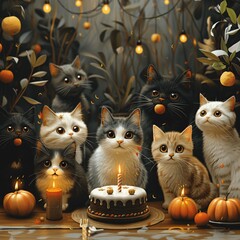 Wall Mural - Kitty delight: cat celebrates with cake and friends.