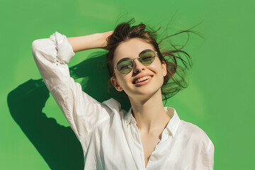 Wall Mural - Happy woman with a good style against Green background.