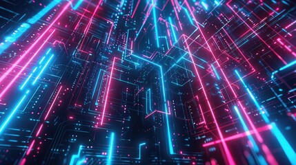 Wall Mural - Glowing neon lines on dark tech background, perfect for cyberpunk-themed designs and futuristic concepts.