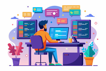programmer writing code on multiple screens