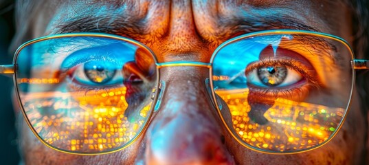 Computer programmer with eyeglasses reflecting data while analyzing big data on screen