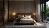 Fototapeta Kosmos - Modern bedroom, evening with mood lighting