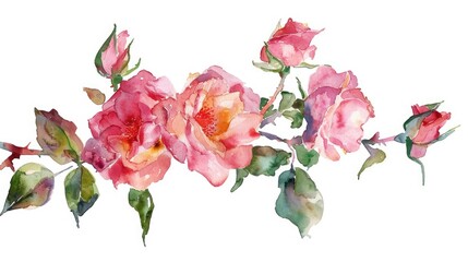 Wall Mural - Watercolor floral set featuring a hand painted bouquet of pink roses ideal for textile designs greeting cards and more This abstract branch of flowers is beautifully isolated on a white bac