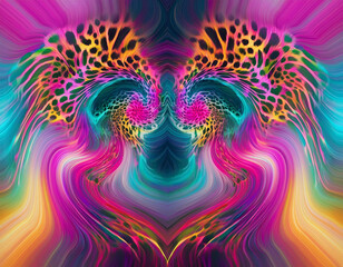  buntes gespiegeltes abstraktes Muster mit Leopardenmuster in grellen Farben als Hintergrund 