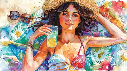 Woman enjoying refreshing drink on sunny beach. Beachgoer with summer cocktail. Concept of summer relaxation, beach vacation, refreshing drinks, leisure. Top view. Watercolor art
