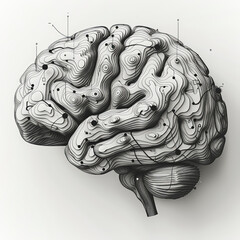 Wall Mural - A brain with many lines and dots on it. The brain is drawn in a way that it looks like it is made of paper