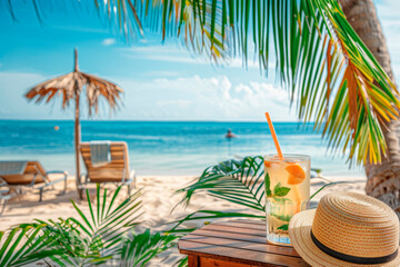 Wall Mural - Cocktail in a transparent glass with a straw and a straw hat on a table under a palm tree near a sun lounger on a sandy beach by the sea,copy space