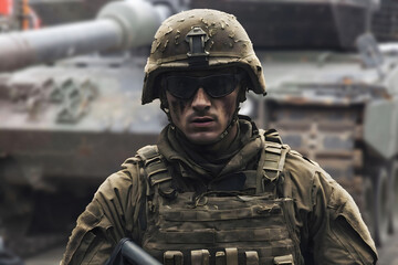 Wall Mural - Portrait of a military man on the background of military equipment.