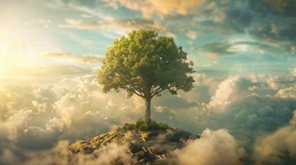 Poster - On World Charity Day the symbolic gesture of a human presenting a large tree against a backdrop of a blurred world map enveloped in clouds with lush green nature in the background captures 