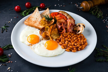 Wall Mural - English breakfast plate with fried eggs, beans, bacon, and toast