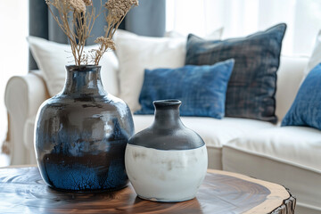 Wall Mural - Close up of decorative dark ceramic vases on live edge coffee table. Home decor pieces near white sofa with blue pillows. Farmhouse shabby chic interior design of modern living room home.