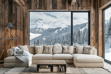 Wall Mural - Corner sofa in room with wooden lining paneling wall and ceiling. Minimalist home interior design of modern living room in chalet panoramic window with great winter snow mountain landscape view. AI