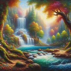 Waterfall in the forest. Digital painting. Colorful landscape, Oil painting