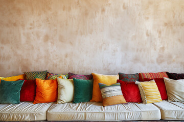 Wall Mural - Curved sofa with colorful multicolored pillows against beige stucco wall with copy space. Ethnic moroccan interior design of modern living room home.