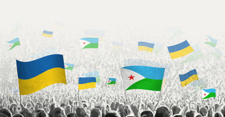 Sticker - People waving flag of Djibouti and Ukraine, symbolizing Djibouti solidarity for Ukraine.