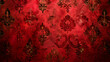 Red wall adorned with black and gold floral pattern