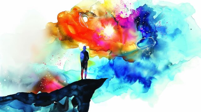 Colorful abstract watercolor painting of a person standing on a hill with arms outstretched, embracing the vibrant, dynamic beauty of nature.