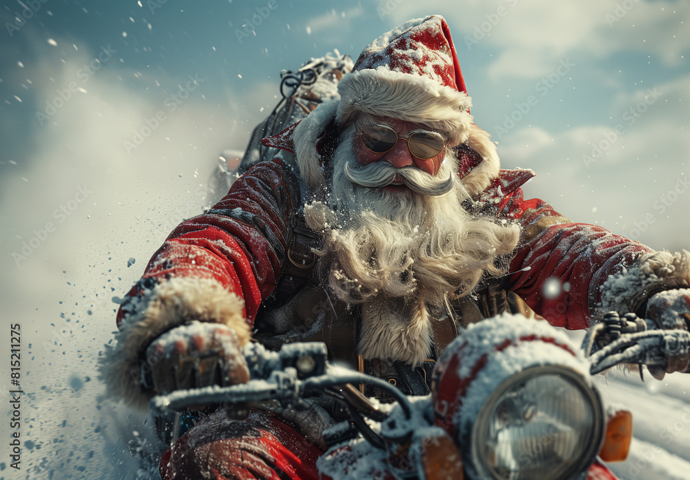 Santa Rider Santa Claus, wearing his iconic red suit and hat, rides a motorcycle ...