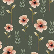Seamless pattern with watercolor flowers and plants on a green background. Hand drawn illustration.