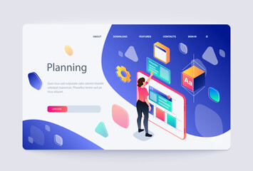 Wall Mural - a person interacting with a stylized website interface, vector illustration on a gradient blue backg