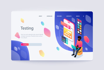 Wall Mural - an isometric illustration of a person on a website interface testing mobile apps, set on a light abs