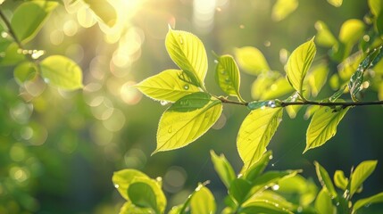 The fresh green leaves sparkle in the morning light of the spring season