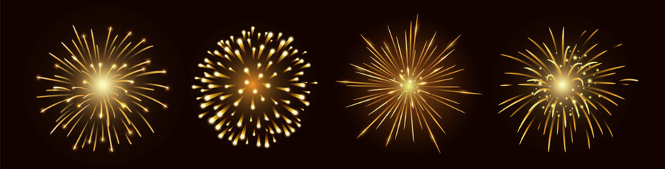 Wall Mural - set of four vector golden fireworks bursting in various shapes on a black copy space background. fir