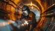 Design an image of a construction worker in a welding mask, fusing pipelines together in a dimly lit tunnel