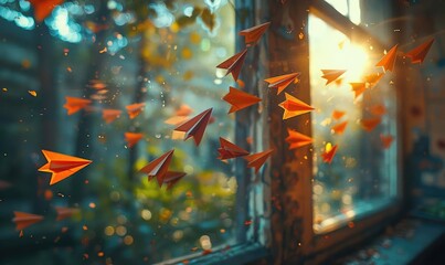 A classroom with childrens thoughts turning into paper airplanes flying out the window, inspirational, side view