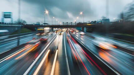 Wall Mural - Dynamic urban traffic flow captured in motion blur. Varied light trails on the highway, representing speed, transport, and modern city life during twilight. Ideal for backgrounds. AI