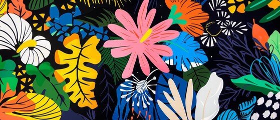 Wall Mural - Abstract illustration of tropical flowers in bold colors using bright and contrasting colors Generative AI