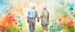 © Sataporn - An elderly couple is walking away from the camera, surrounded by a field of flowers