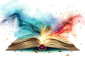 Open book with words and magical elements like stars, light, and imaginative creatures floating up from the pages, symbolizing the inspiration drawn from reading and stories