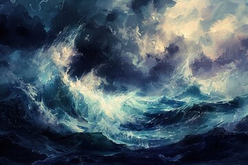 Wall Mural - Dramatic mood of a storm at sea, focusing on towering waves and dark, swirling clouds
