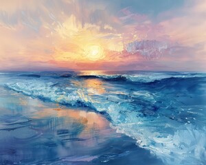 Wall Mural - Seaside scene at dawn with expressive brush strokes and a focus on the changing light, conveying the calmness and vastness of the sea