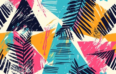 Wall Mural - Abstract pattern with triangles and stripes in tropical colors on a white background, vector illustration, in the style of hand drawn, 90s retro poster design Generative AI