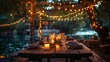 © bashkirovaphoto - Romantic wedding table under a pergola with fairy lights . Romantic dinner