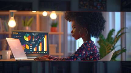 Wall Mural - 3d logo of a black female in front of a laptop on a desk, the screen has charts and graphs  