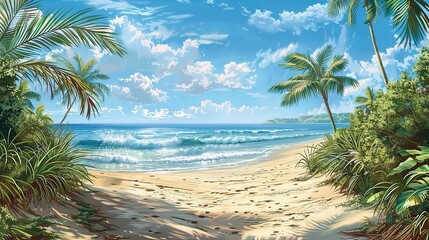 Wall Mural - panorama of golden sands and swaying palms, a beach wallpaper takes shape, with clear blue skies 